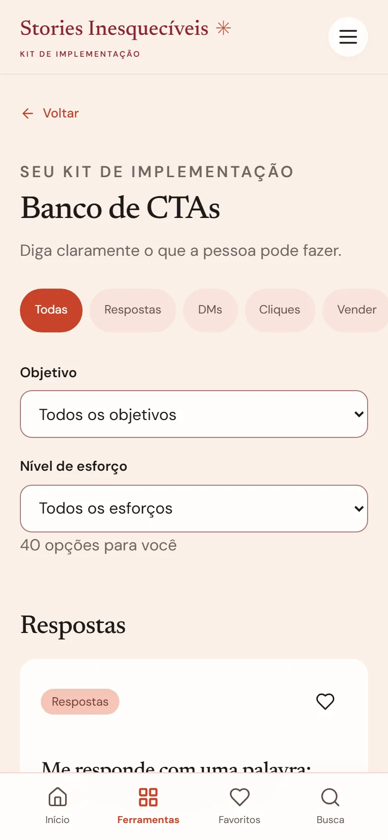 Tela do Banco de CTAs com filtros por objetivo