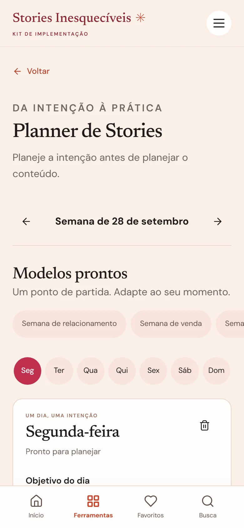 Tela do Planner de Stories com os dias da semana